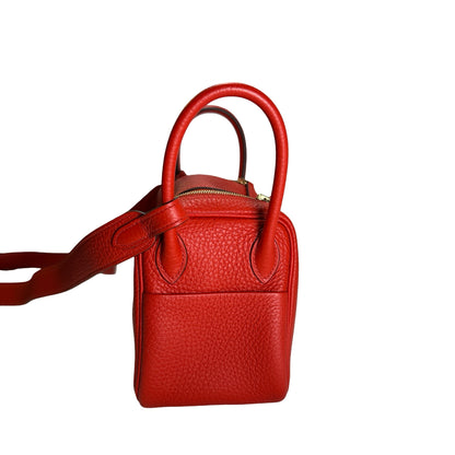 Used HERMES Togo Leather Mini Lindy Handbag Red GHW