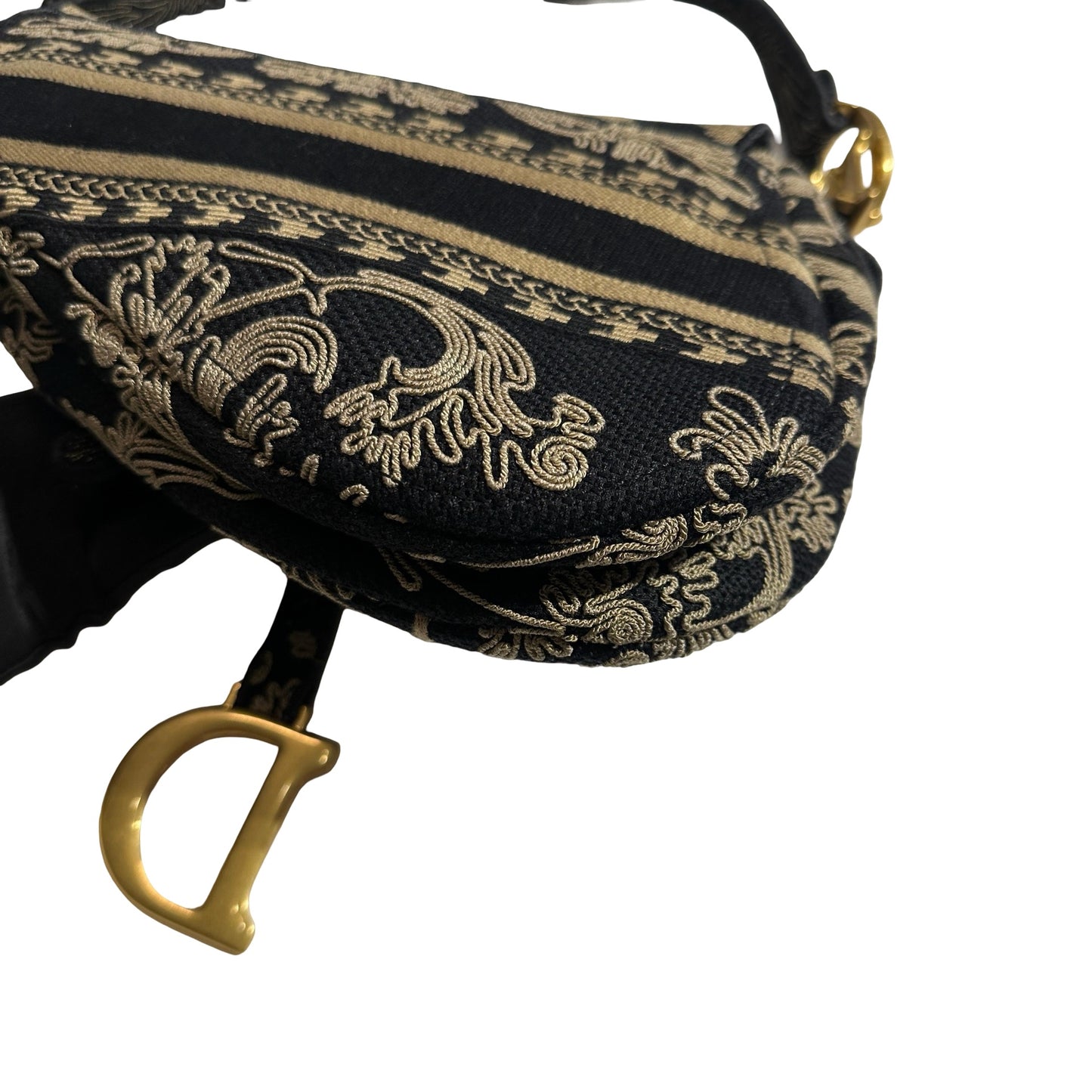 Used DIOR Embroidered Canvas Floral Stripes Saddle Saddle Bag Black Beige GHW