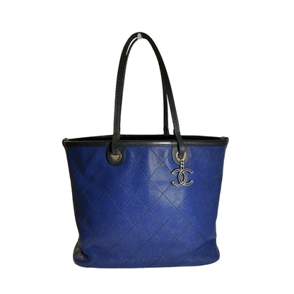 Used CHANEL Quilted Caviar Leather GST Tote Bag Blue Silver