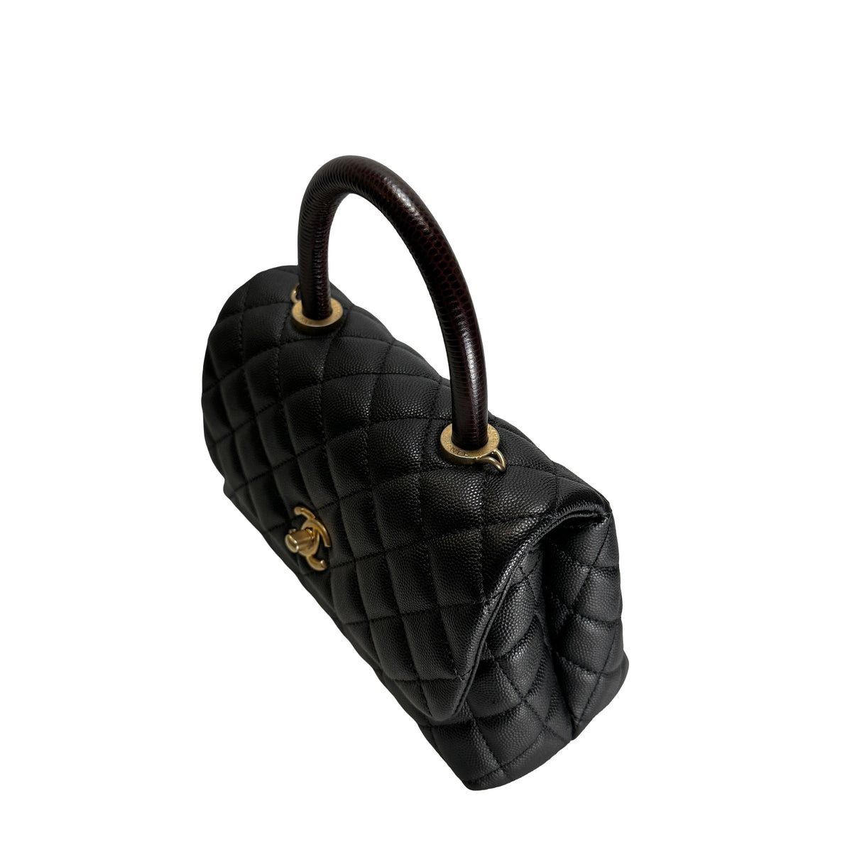 Used CHANEL Quilted Caviar Leather Coco Handle Handbag Black Gold