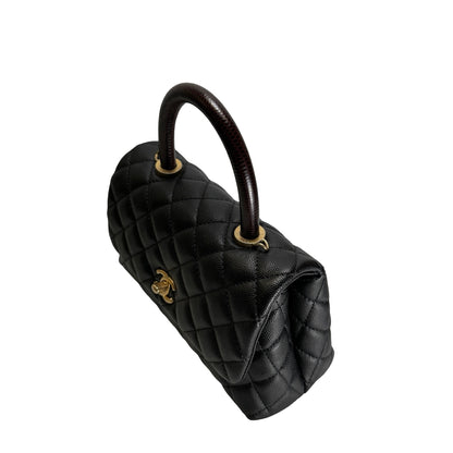 Used CHANEL Quilted Caviar Leather Coco Handle Handbag Black Gold