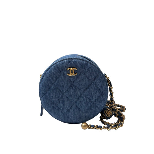 Used CHANEL Denim Chain with Gold Ball Cross Body Bag Denim Blue GHW