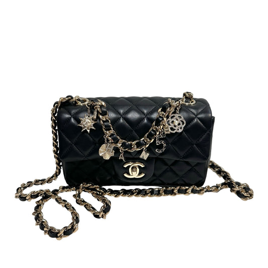Used CHANEL Lambskin Quilted Mini Flap Bag Coco Charms Mini Bag Black Gold Hardware