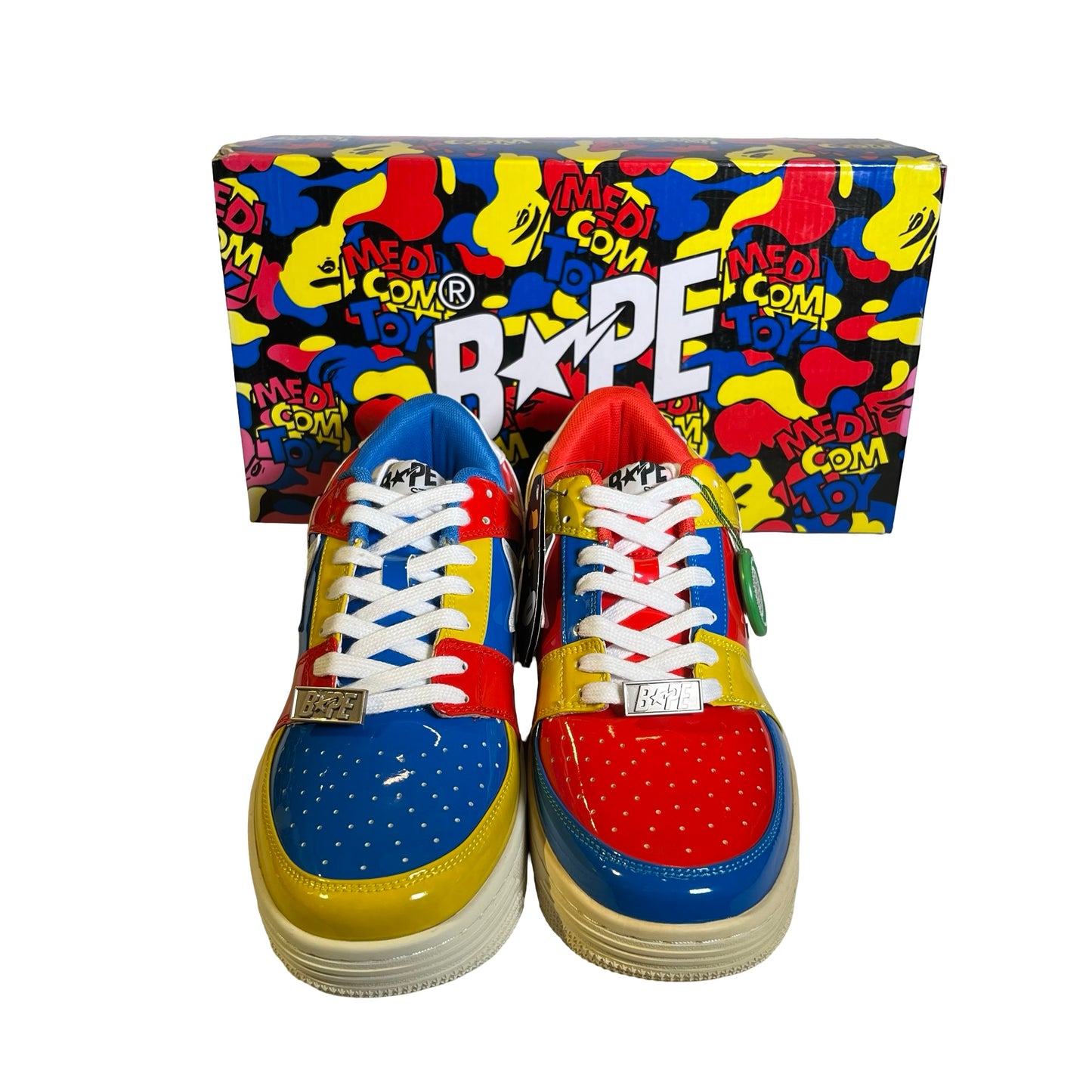 Brand New BAPE Patent Leather Colorblock BAPE STA Medicom Toy Sneakers Red Blue Yellow White