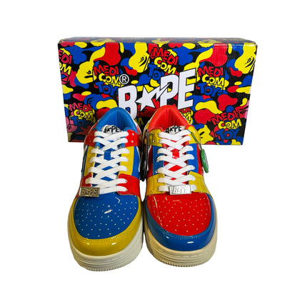 Brand New BAPE Patent Leather Colorblock BAPE STA Medicom Toy Sneakers Red Blue Yellow White