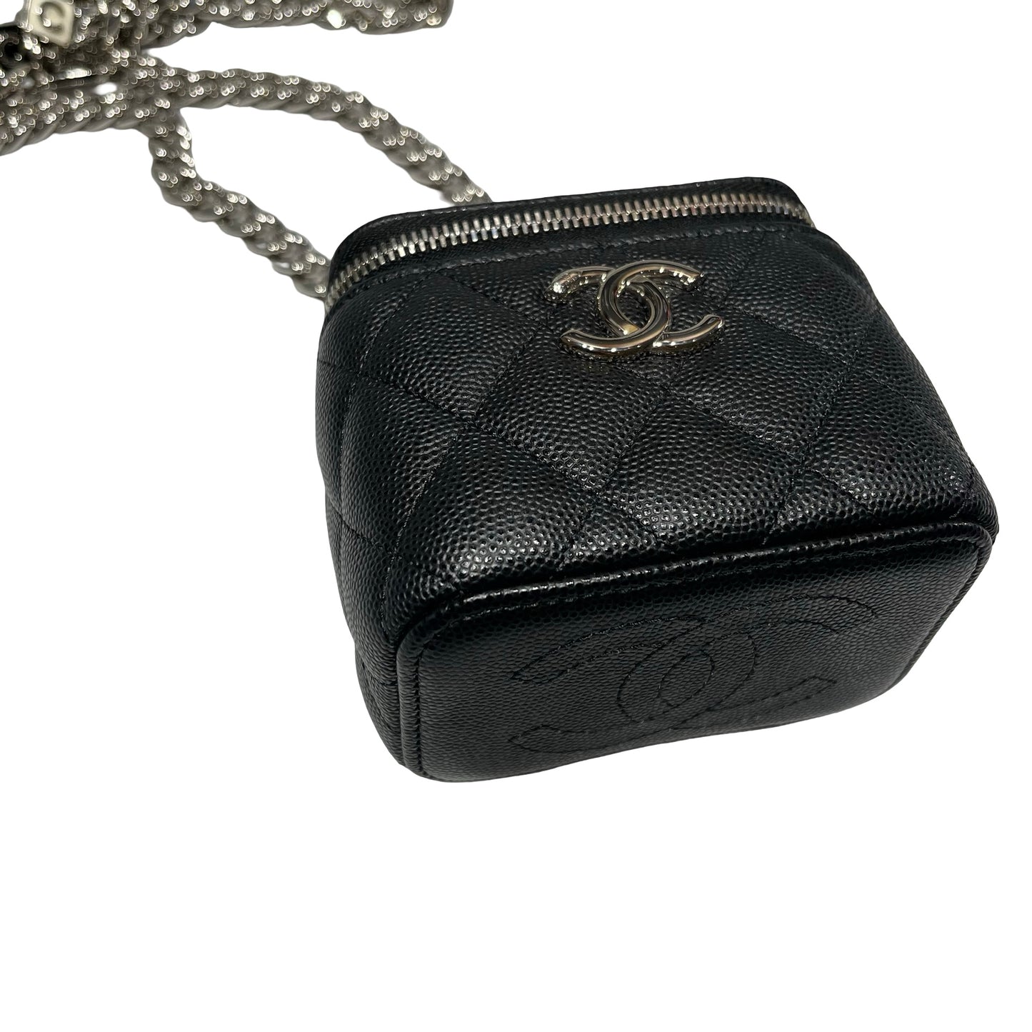 Used CHANEL Vanity Case with Black White Chain Cross Body Bag Black PHW