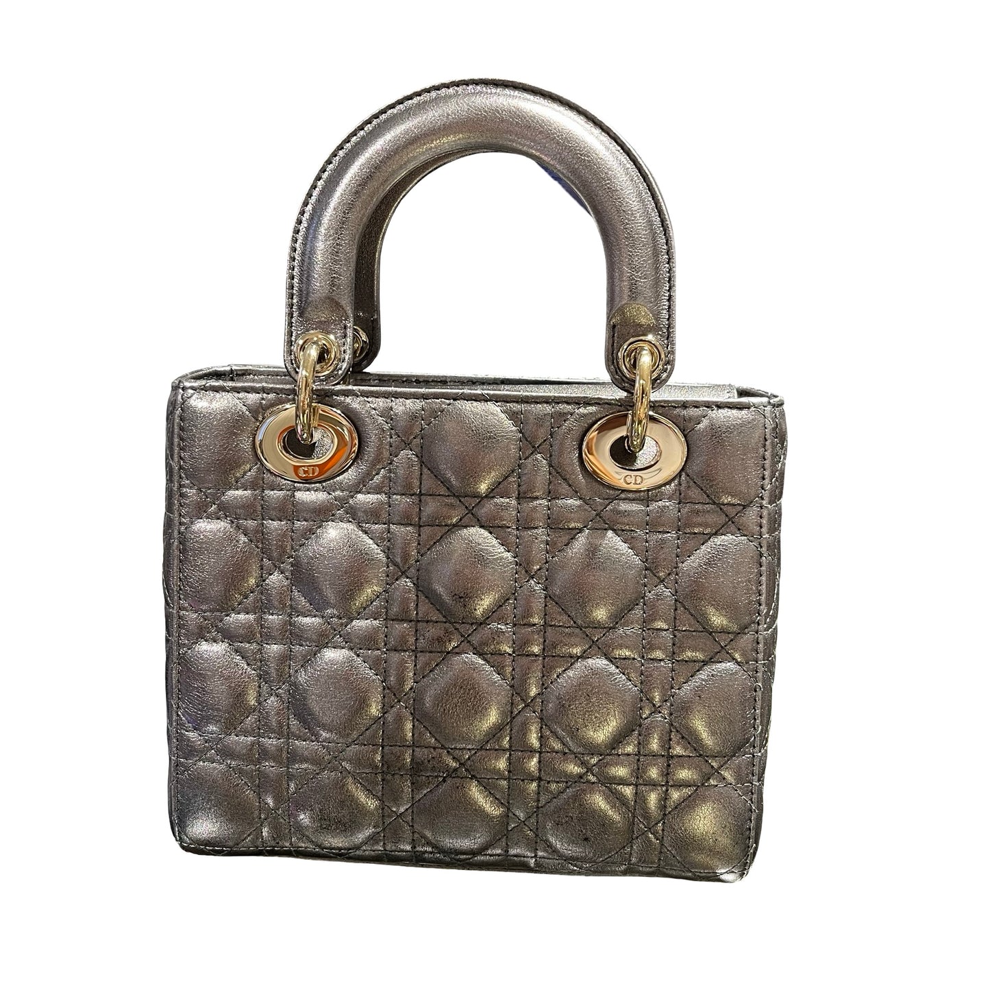 Used Dior Lady Dior Handbag Metallic Silver GHW
