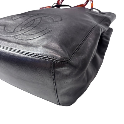 Used CHANEL Calfskin Leather Top Handle Village Shoulder Bag Black