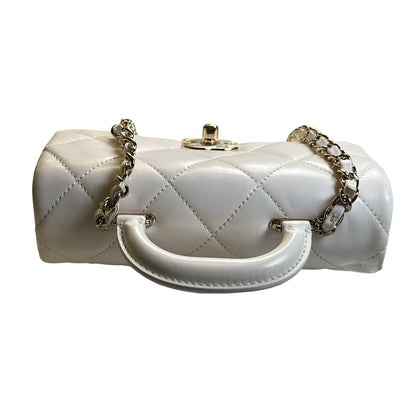 Used CHANEL Lambskin 24C Top Handle Mini Flap Bag Shoulder Bag White