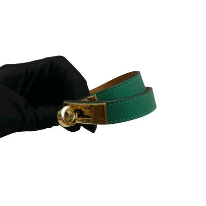 Used HERMES Leather Kelly Double Tour Bracelet BRACELET Green Gold