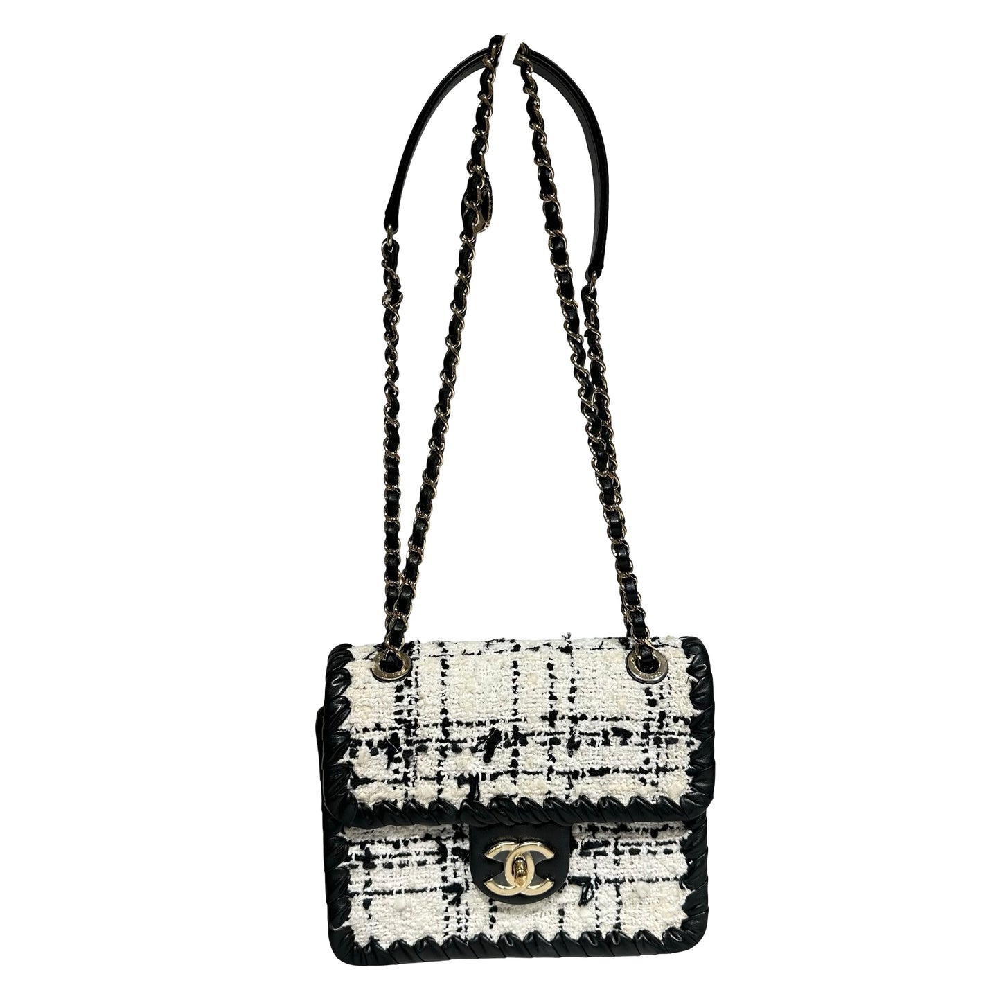 Used CHANEL Tweed Cross Body Bag Black White PHW