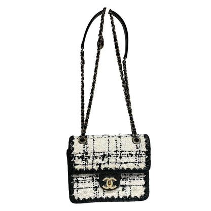Used CHANEL Tweed Cross Body Bag Black White PHW
