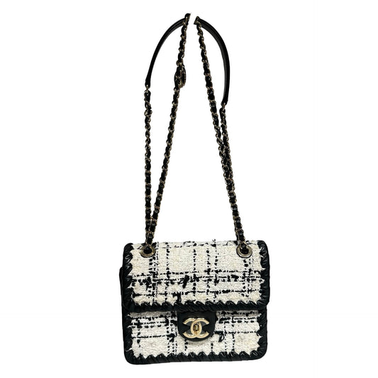 Used CHANEL Tweed Cross Body Bag Black White PHW