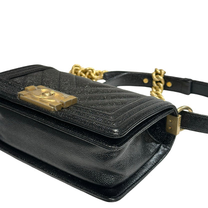 Used CHANEL Calfskin Leather Boy 20 V line Cross Body Bag Black GHW