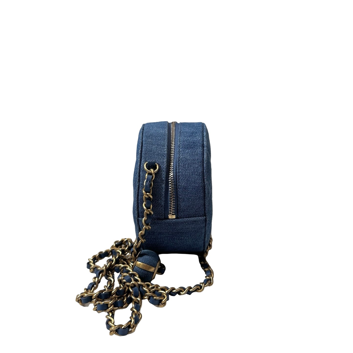 Used CHANEL Denim Chain with Gold Ball Cross Body Bag Denim Blue GHW