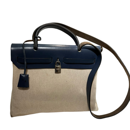 Used HERMES Canvas Leather Herbag Handbag Beige Blue