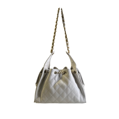 Used CHANEL Caviar Quilted 25 Small Handbag White Gold