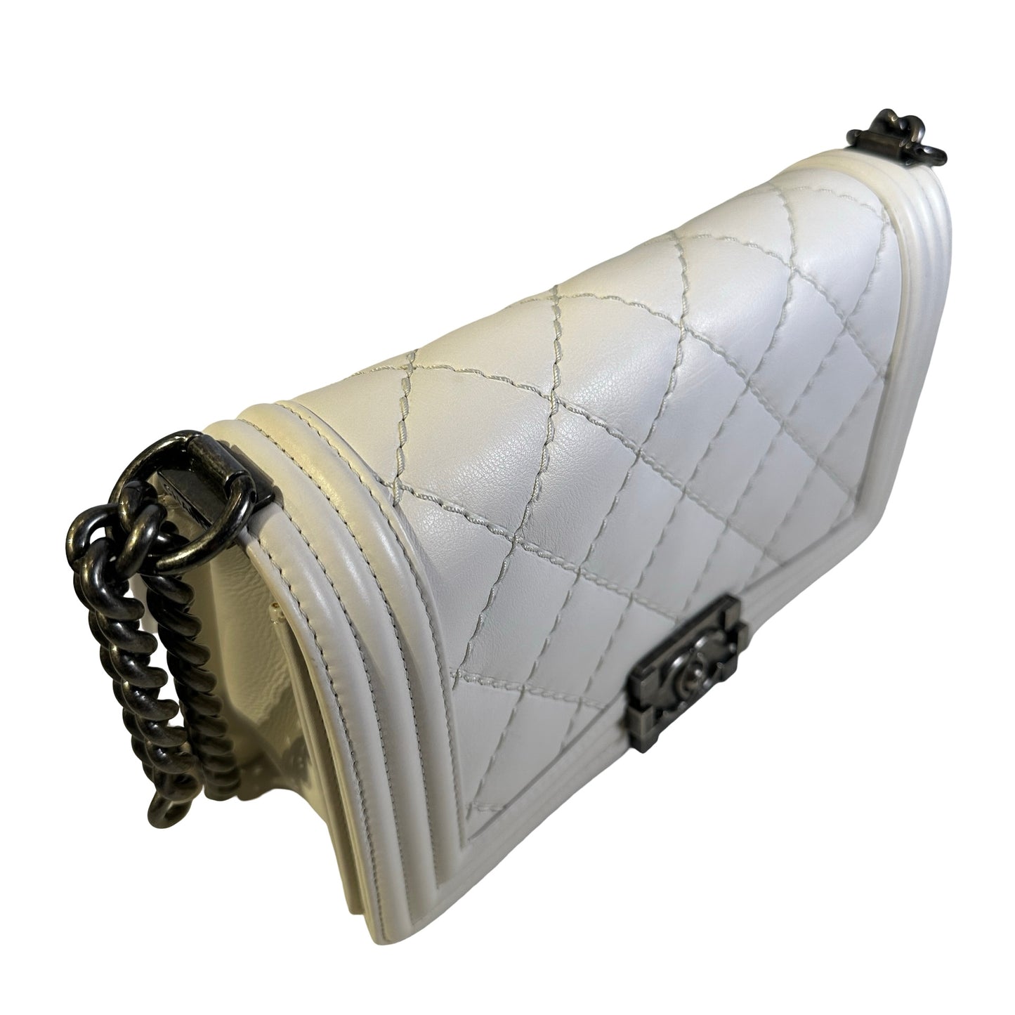 Used CHANEL Quilted Calfskin Boy Chain Shoulder Bag White