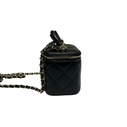 Used CHANEL Lambskin Leather Vanity Case Cross Body Bag Black GHW