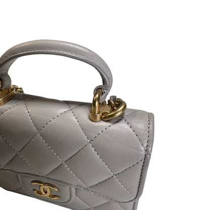 Used CHANEL Quilted Lambskin Mini Flap Bag with Top Handle Mini Bag Grey GHW