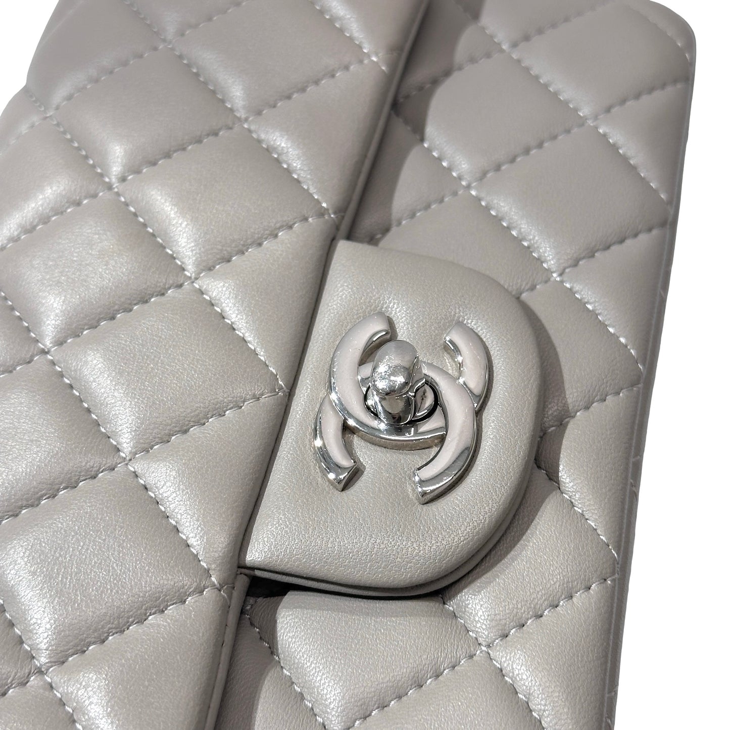 Used CHANEL Quilted Lambskin Classic Flap Chain Shoulder Bag Grey PHW