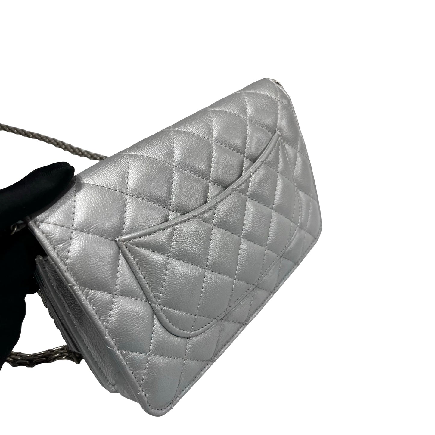 Used CHANEL Calfskin Leather 2.55 WOC Cross Body Bag Grey PHW