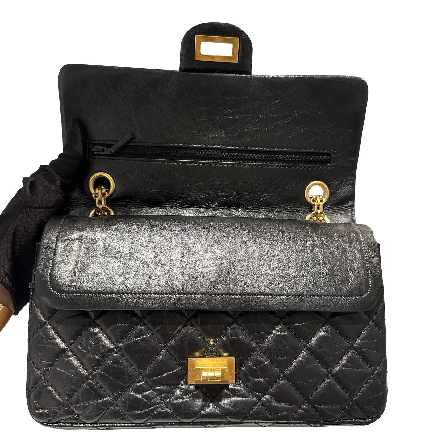 Used CHANEL Quilted Aged Calfskin 2.55 Small Chain Shoulder Bag Black Gold