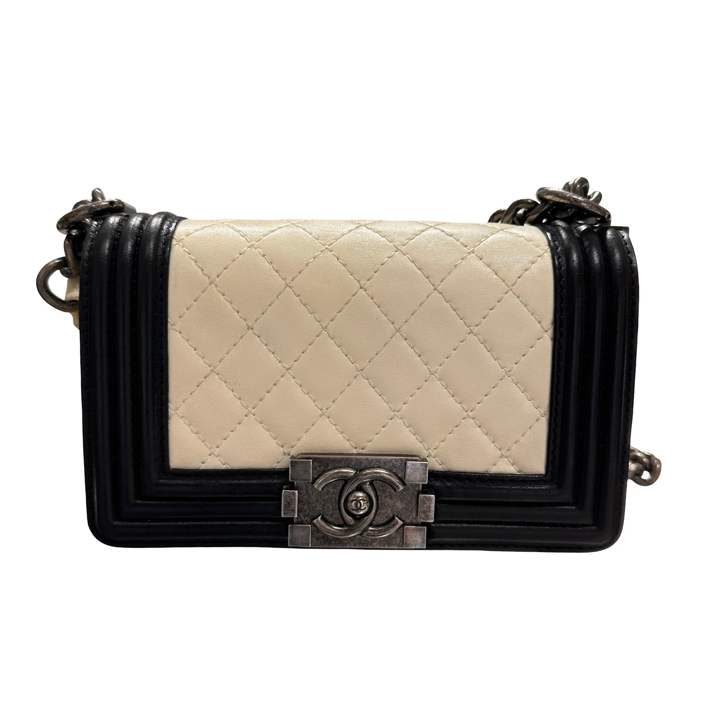 Used CHANEL Lambskin Leather Boy 20cm Shoulder Bag Black White