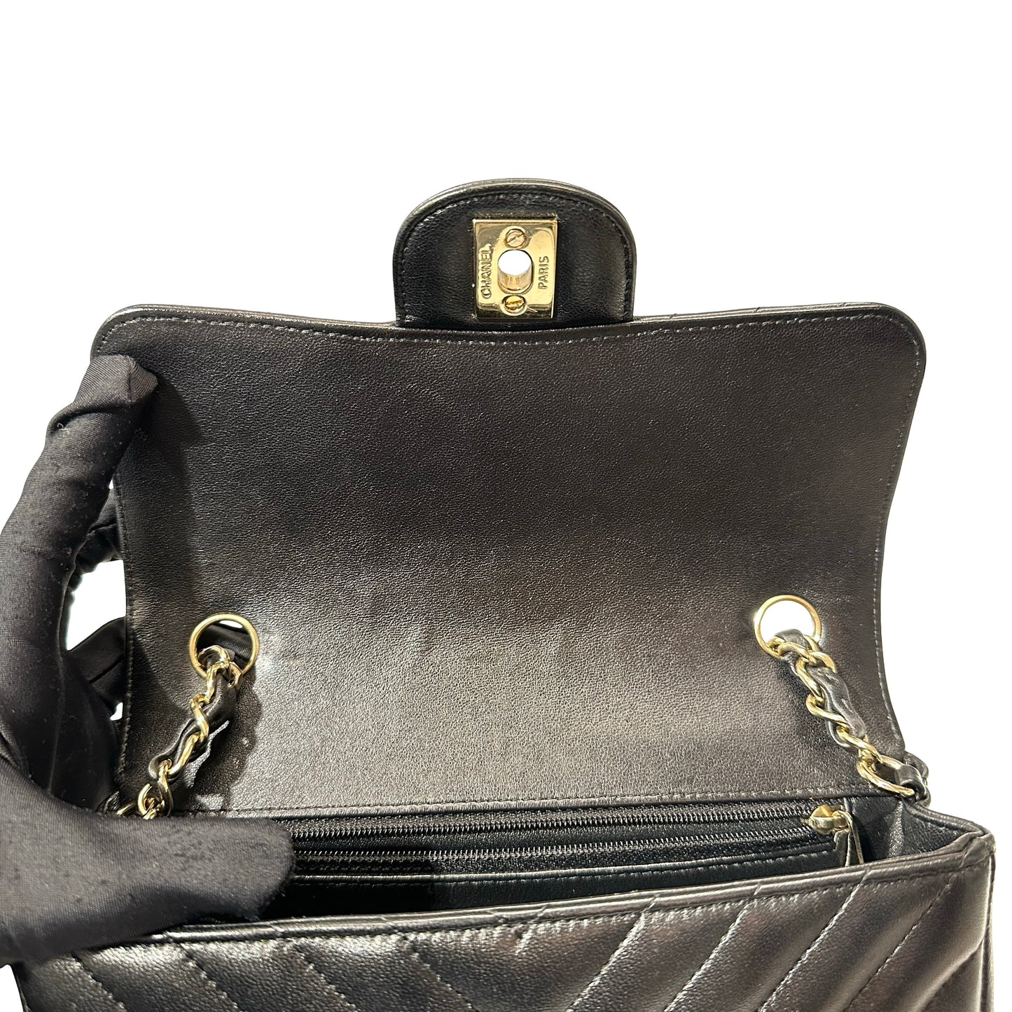 Used CHANEL Chevron Lambskin Leather Mini Square Flap Chain Shoulder Bag Black GHW