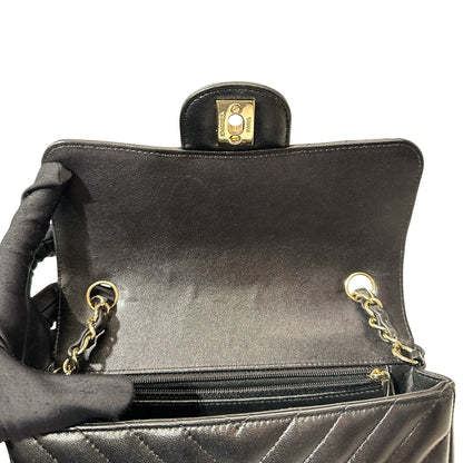 Used CHANEL Chevron Lambskin Leather Mini Square Flap Chain Shoulder Bag Black GHW