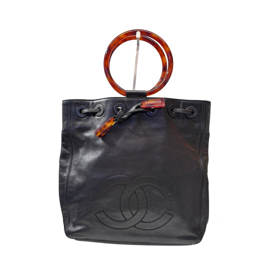 Used CHANEL Calfskin Leather Top Handle Village Shoulder Bag Black