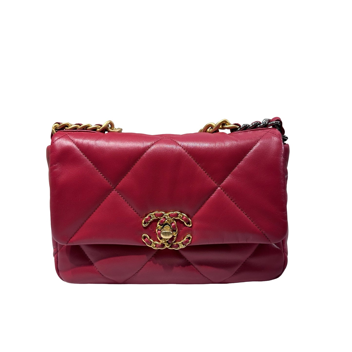 Used CHANEL Lambskin Leather 19 Small Shoulder Bag Dark Red GHW
