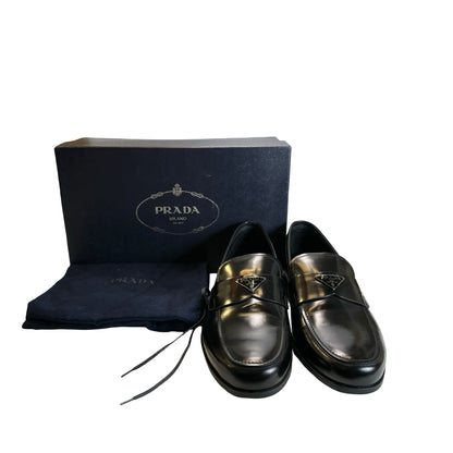 Used PRADA Leather Logo Plaque Loafers Shoes Black Silver