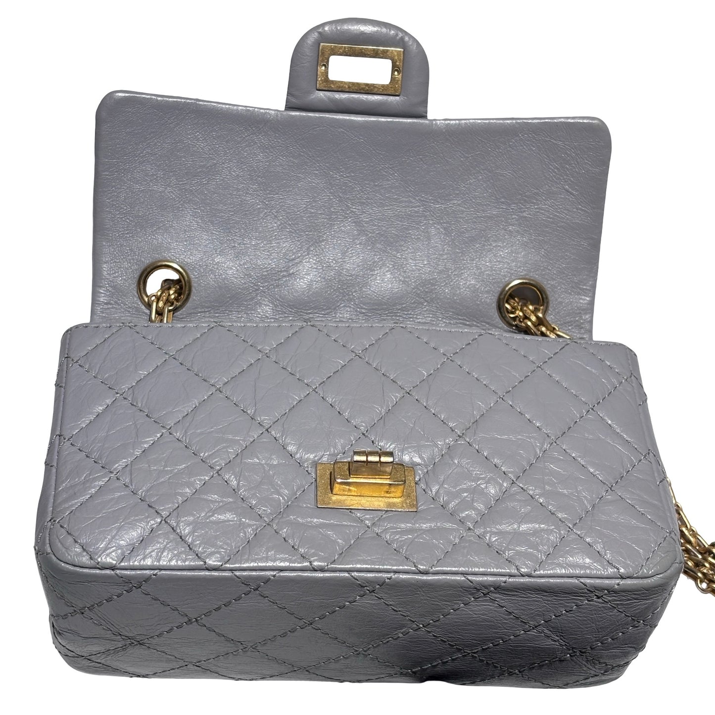 Used CHANEL Calfskin Leather Mini 2.55 Chain Shoulder Bag Grey GHW