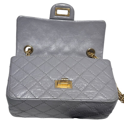 Used CHANEL Calfskin Leather Mini 2.55 Chain Shoulder Bag Grey GHW