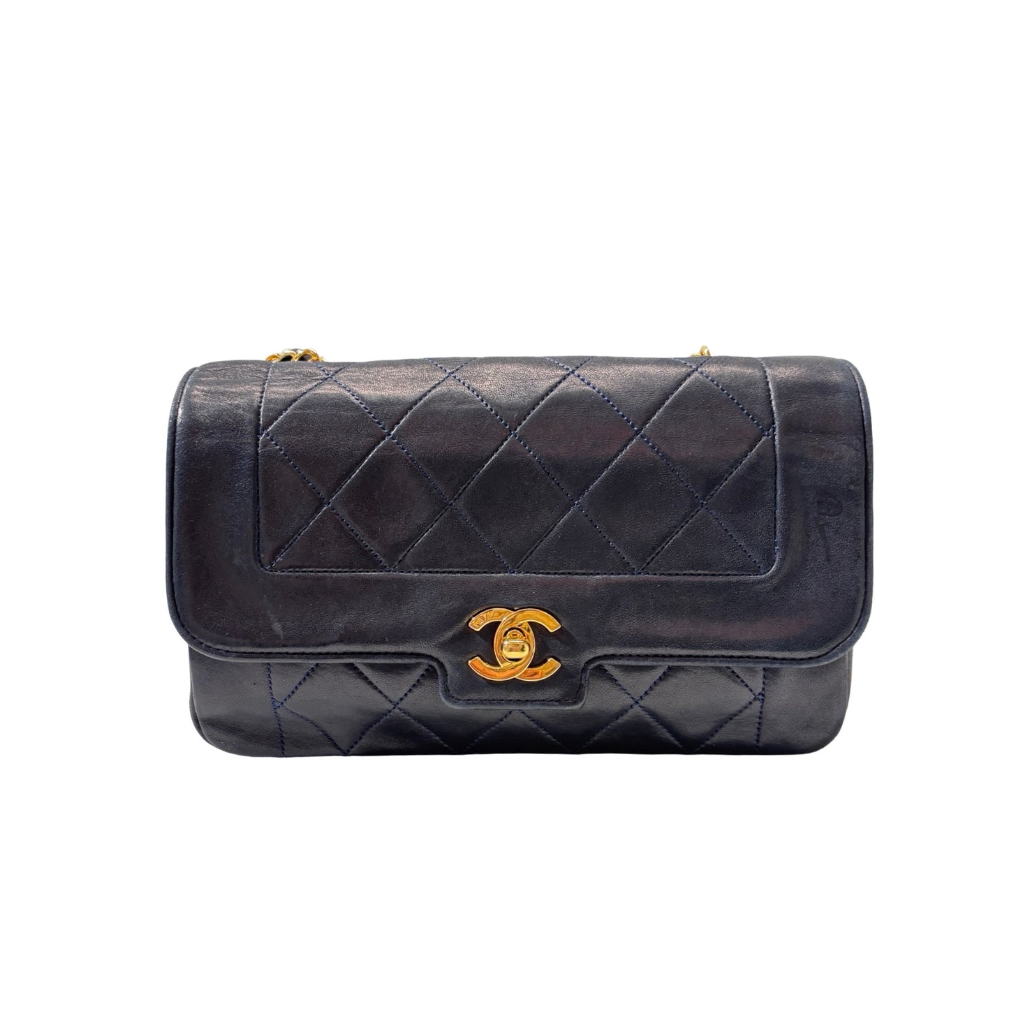 Used CHANEL Lambskin Leather FLAP Cross Body Bag GHW Navy