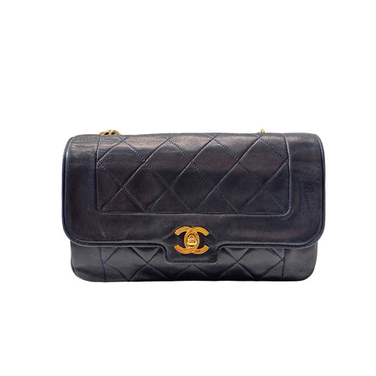 Used CHANEL Lambskin Leather FLAP Cross Body Bag GHW Navy