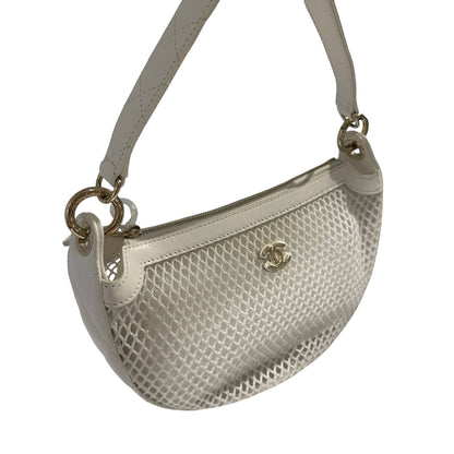 Used CHANEL Mesh Leather 25S Half Moon Clutch Hobo Bag White GHW