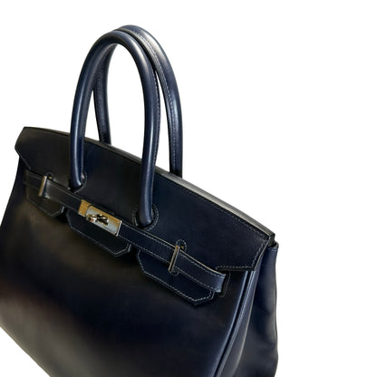 Used HERMES Leather Birkin Handbag Black Silver