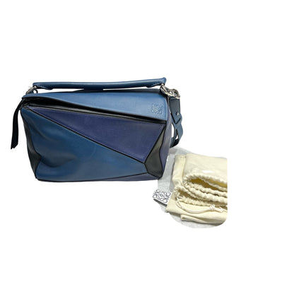 Used Loewe Calfskin Leather Puzzle bag medium Shoulder Bag Navy PHW