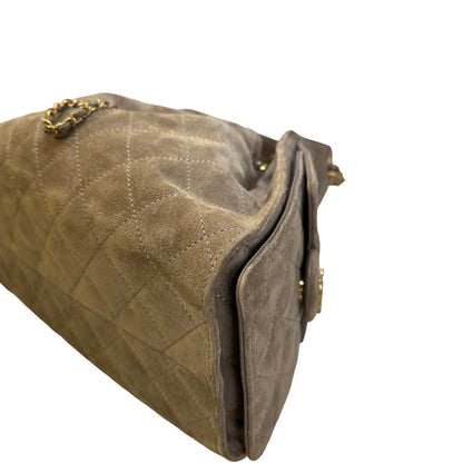Used CHANEL Suede Quilted Suede Quilted Handbag Handbag Khaki Gold