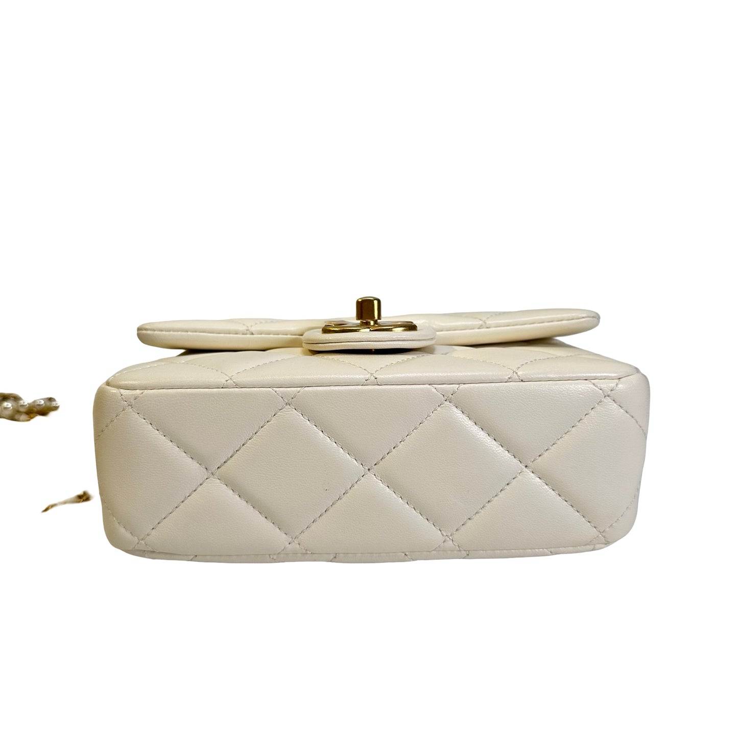 Used CHANEL Lambskin Mini Flap Bag With pearl Mini Bag White