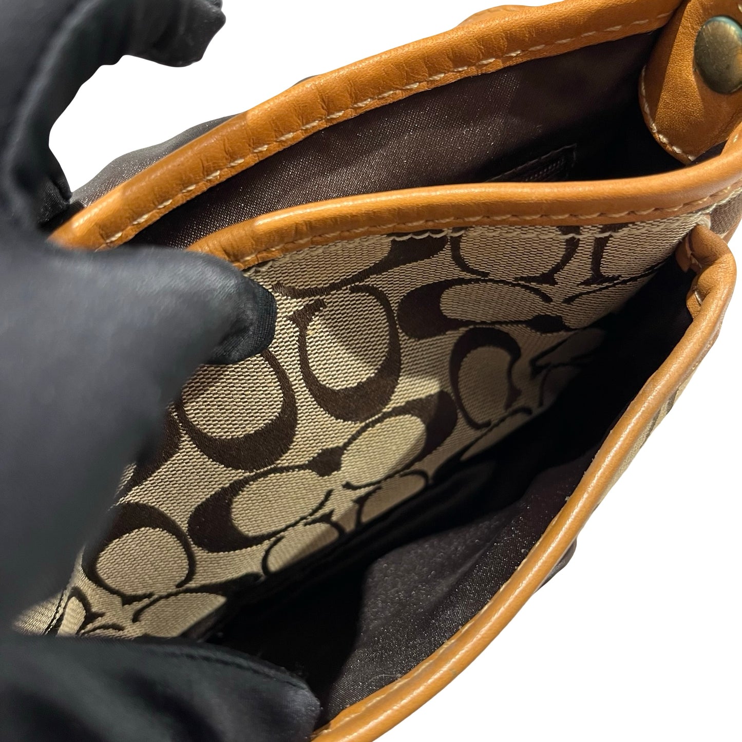 Used COACH Signature Canvas Leather Signature Canvas Flap Bag Crossbody Bag Brown Beige