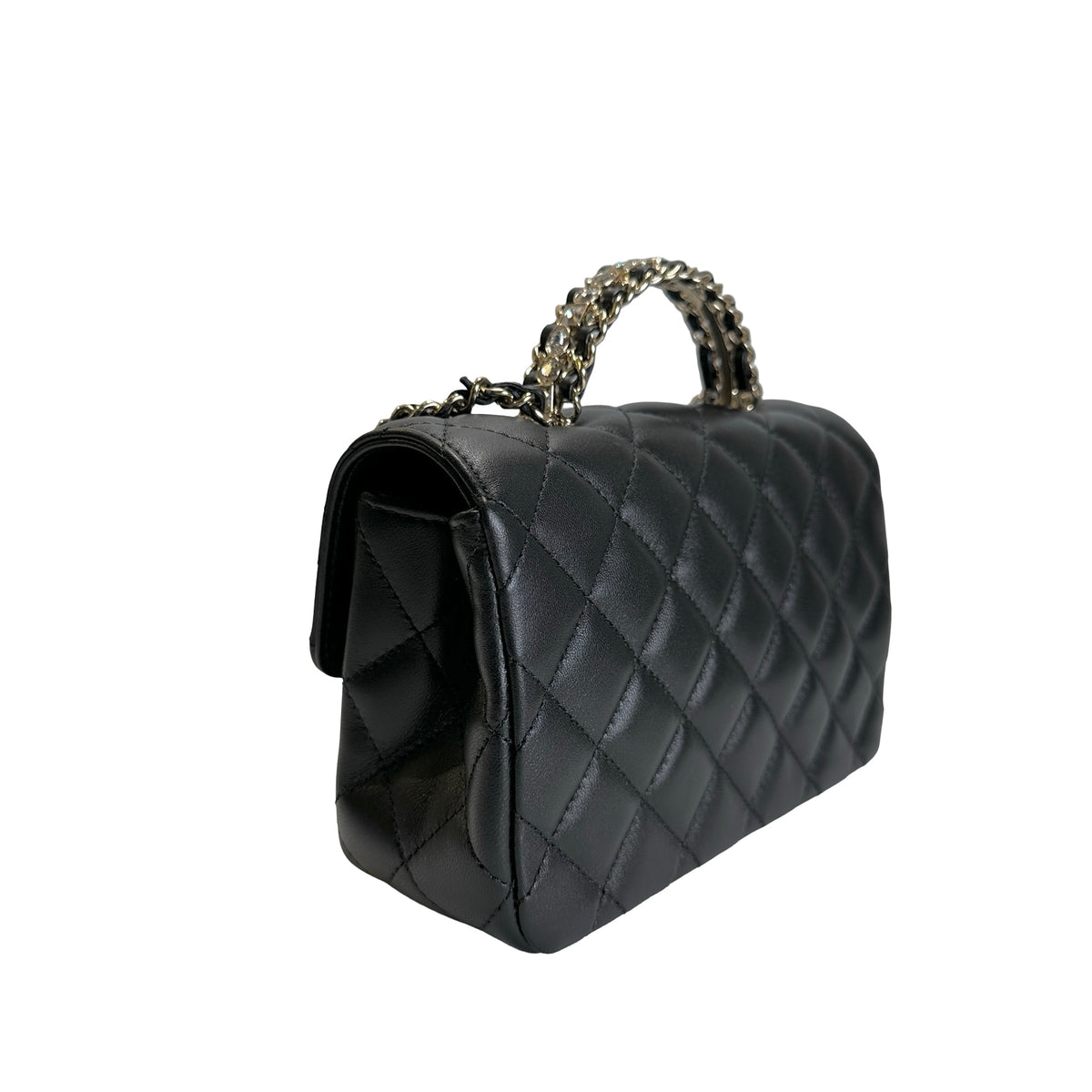 Used CHANEL Quilted Leather Mini Flap Bag with Top Handle Handbag Black