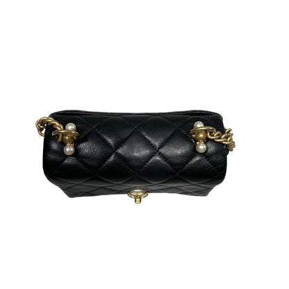 Used CHANEL Pearl Flap Chain Shoulder Bag Black GHW