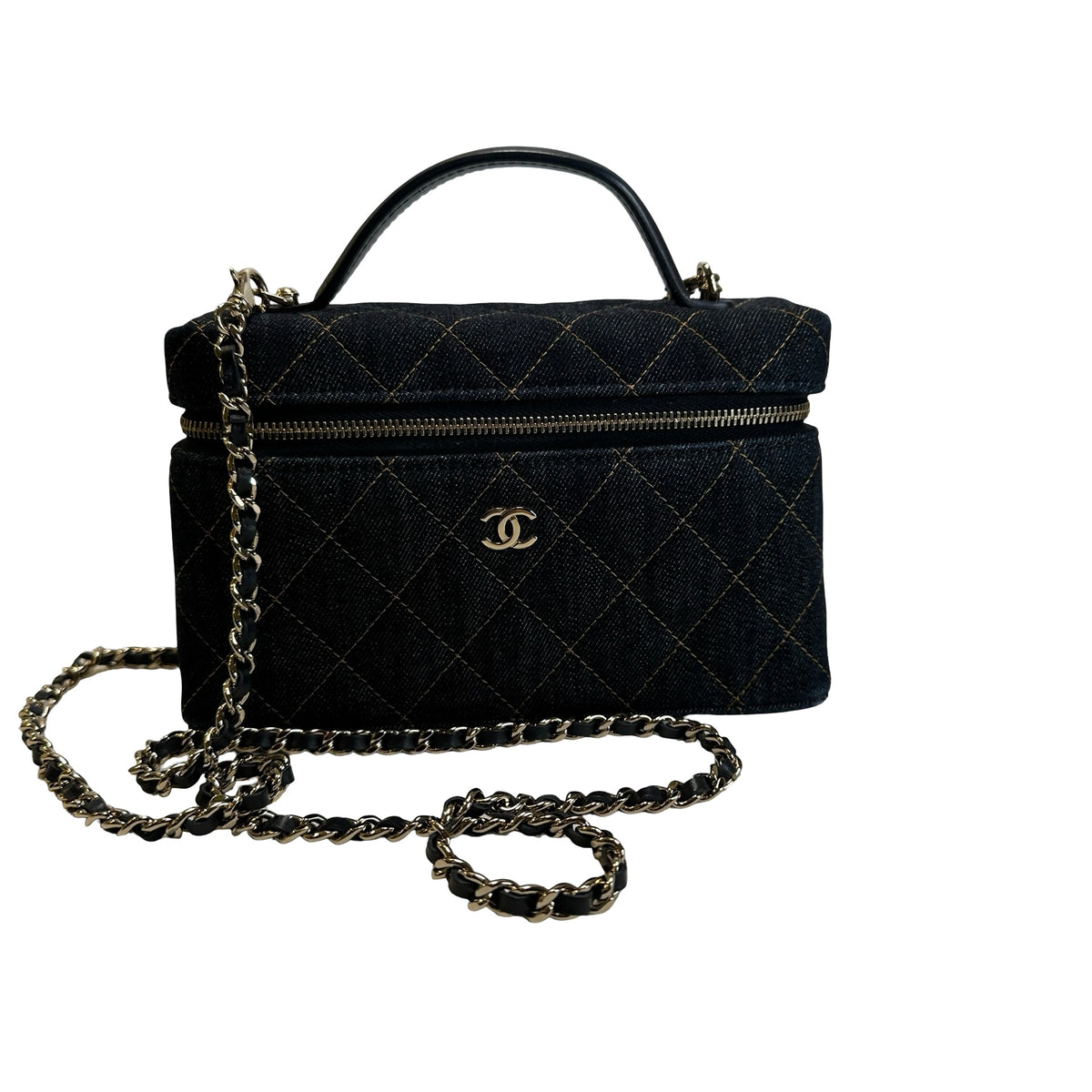 Used CHANEL Quilted Denim Denim Vanity Bag Vanity case Blue