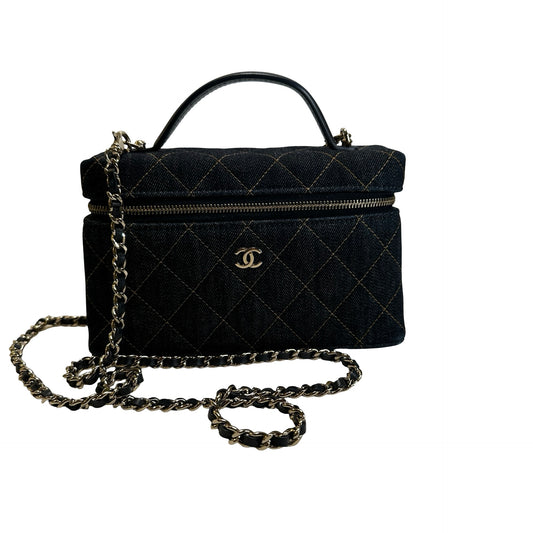 Used CHANEL Quilted Denim Denim Vanity Bag Vanity case Blue