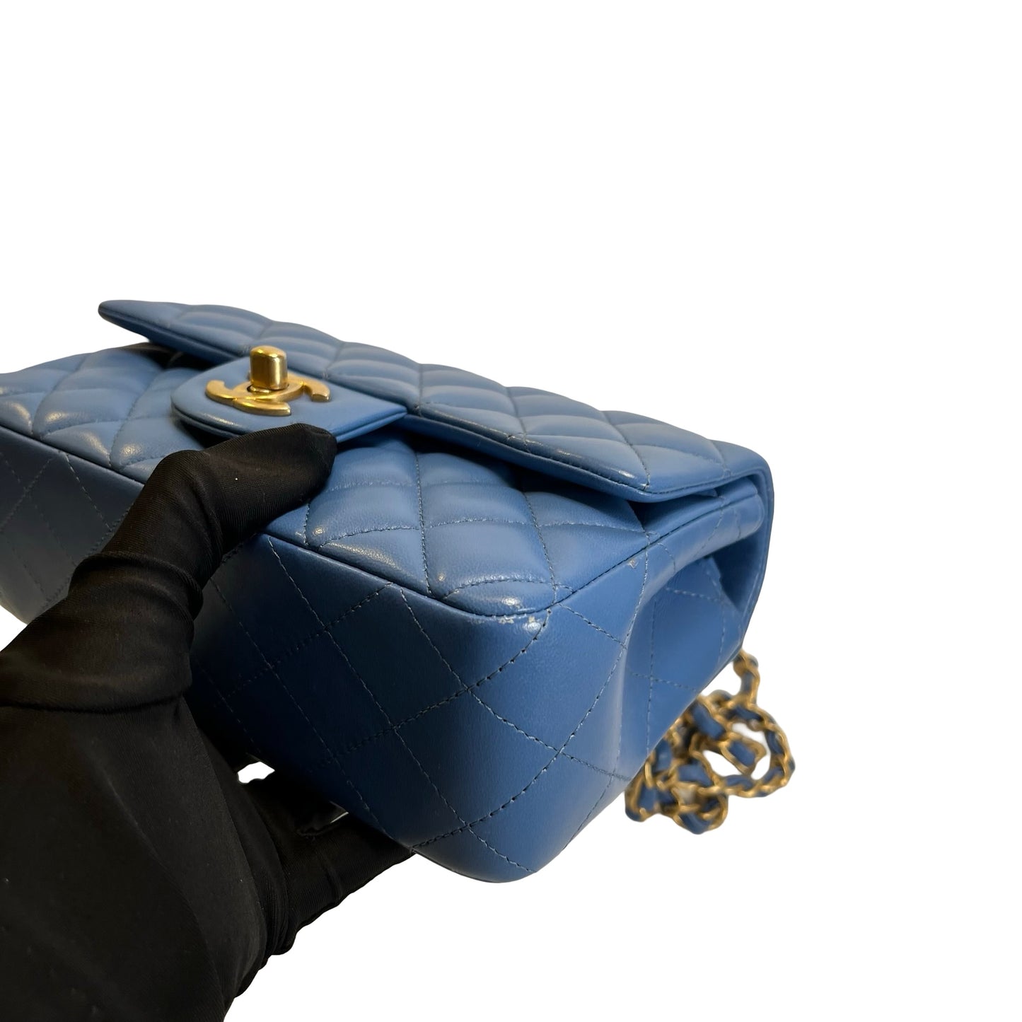 Used CHANEL Quilted Lambskin Classic Flap Handbag Blue Gold hardware