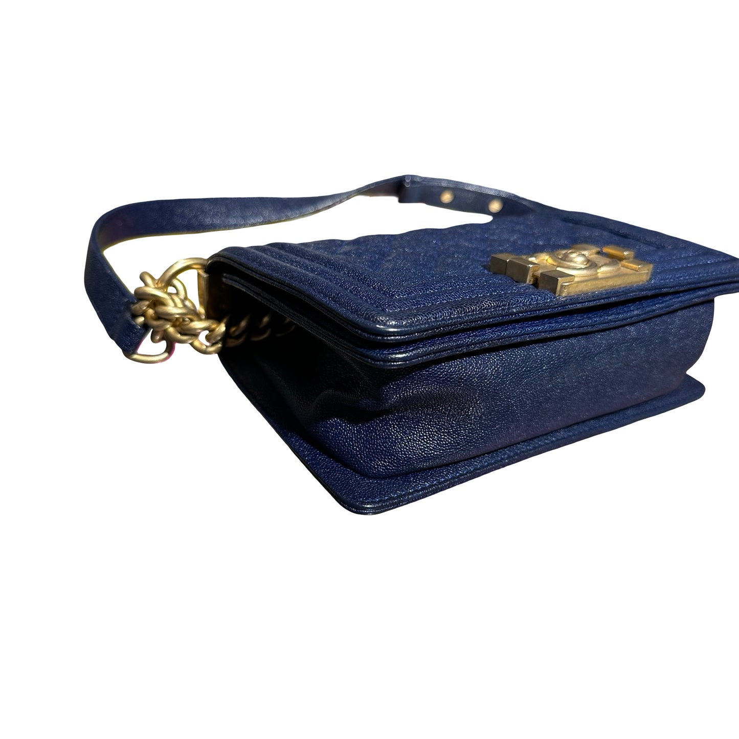 Used Chanel Calfskin Leather Boy 20cm Shoulder Bag Navy GHW