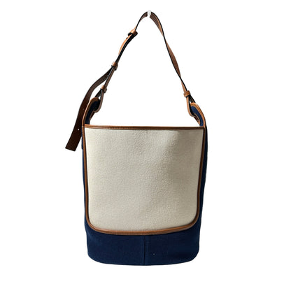 Used LOEWE Canvas Paula's Ibiza Balloon Hobo Bucket Bag Navy Blue Beige PHW